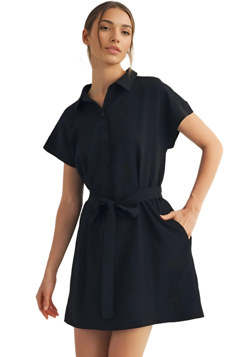 Collared Short Sleeve Mini Dress with Waist Tie