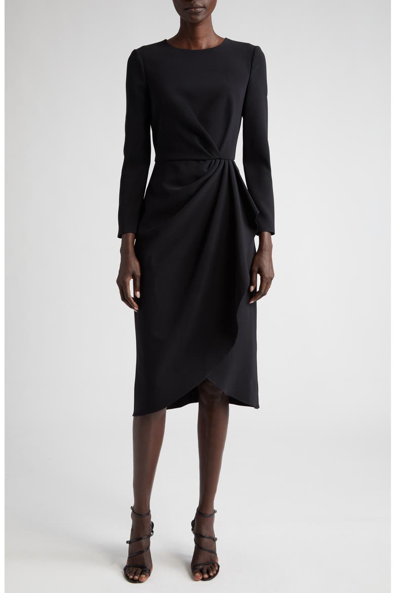 Pleated Long Sleeve Tulip Midi Dress, Main, color, BLACK