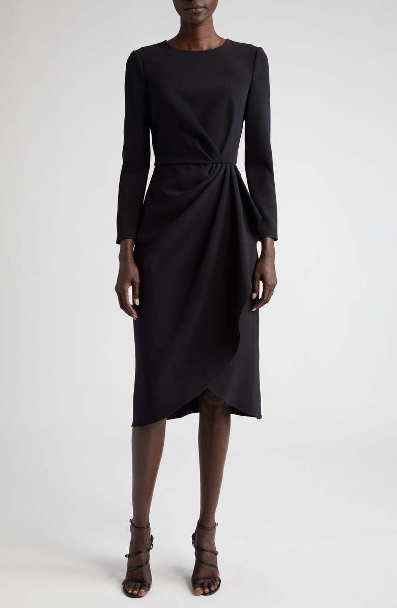 Carolina Herrera Pleated Long Sleeve Tulip Midi Dress, Main, color, Black