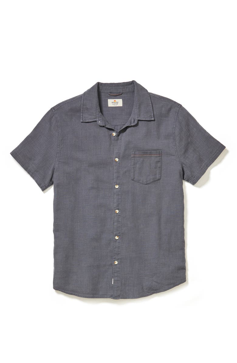 Marine Layer Classic Solid Short Sleeve Stretch Cotton Selvage Button-Up Shirt, Alternate, color, India Ink