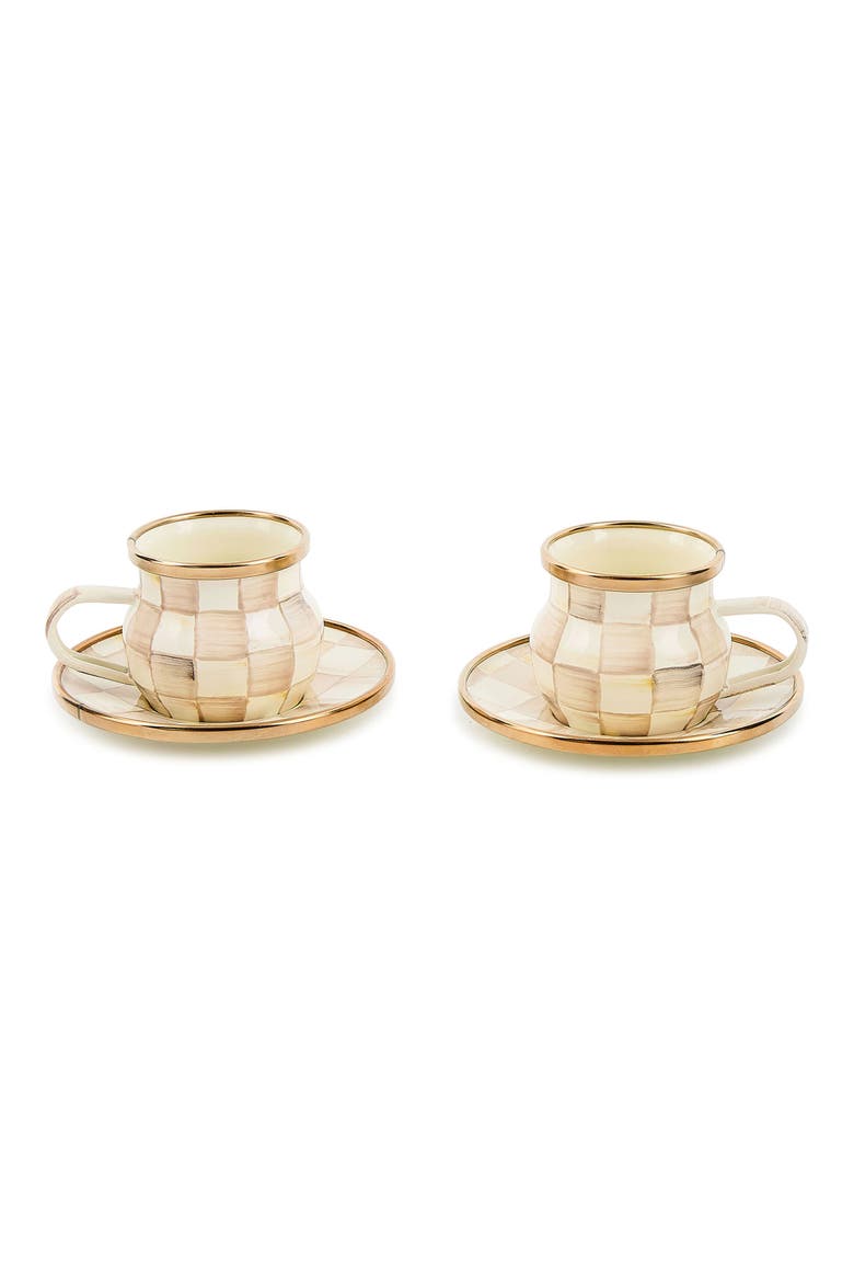 Mocha Check Set of 2 Espresso Cups & Saucers, Main, color, MOCHA