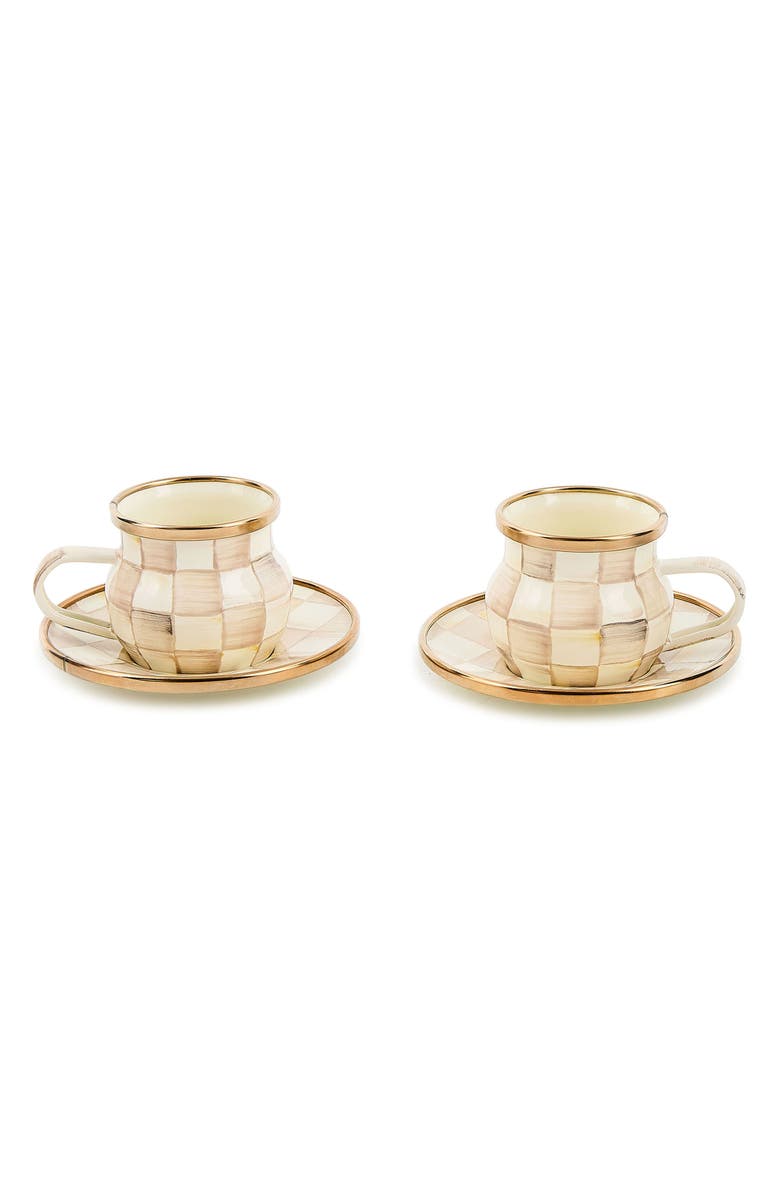 MACKENZIE CHILDS Mocha Check Set of 2 Espresso Cups & Saucers, Main, color, Mocha
