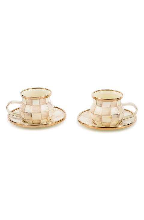 Mocha Check Set of 2 Espresso Cups & Saucers