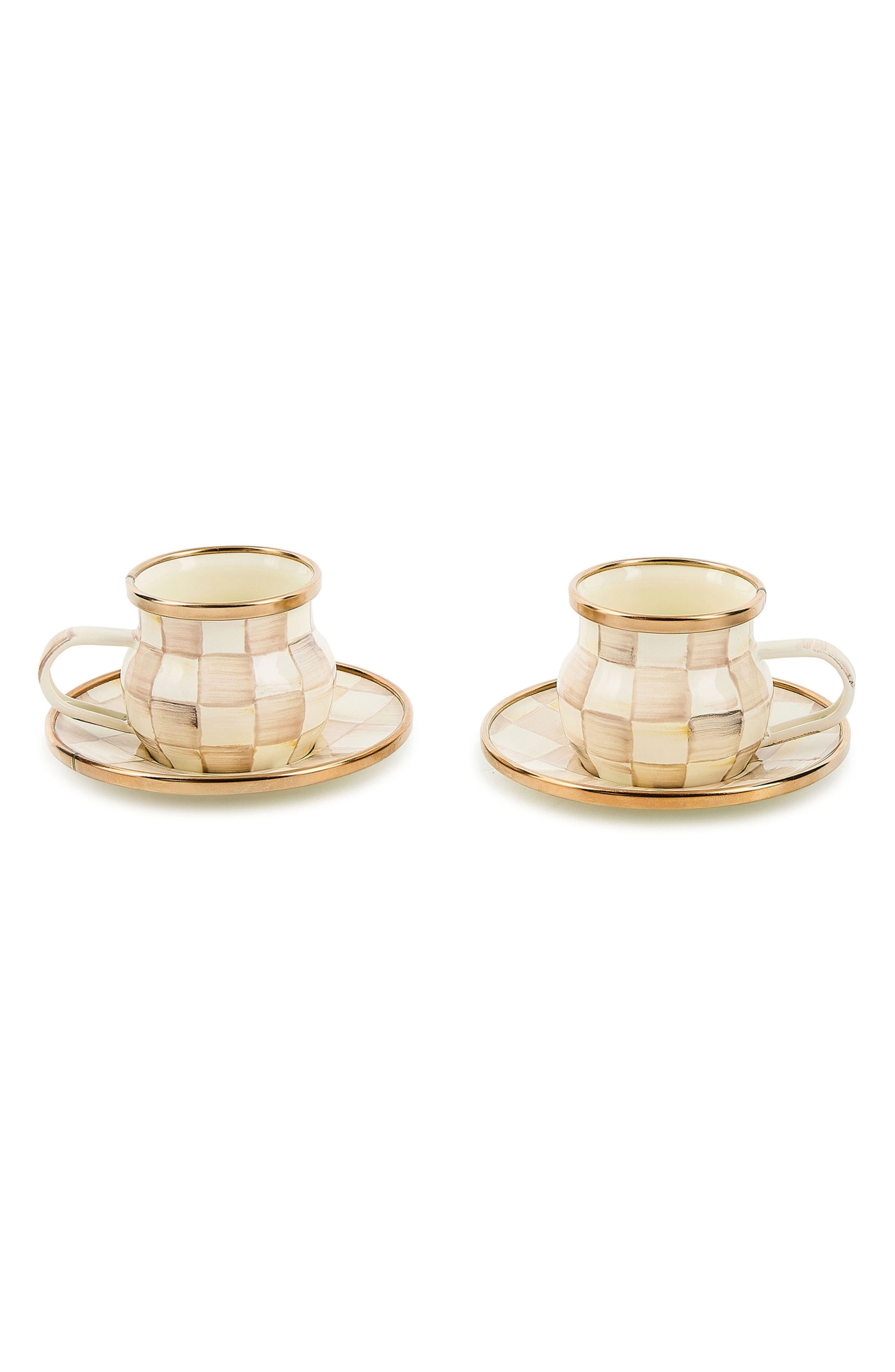 MACKENZIE CHILDS Mocha Check Set of 2 Espresso Cups & Saucers - Mocha