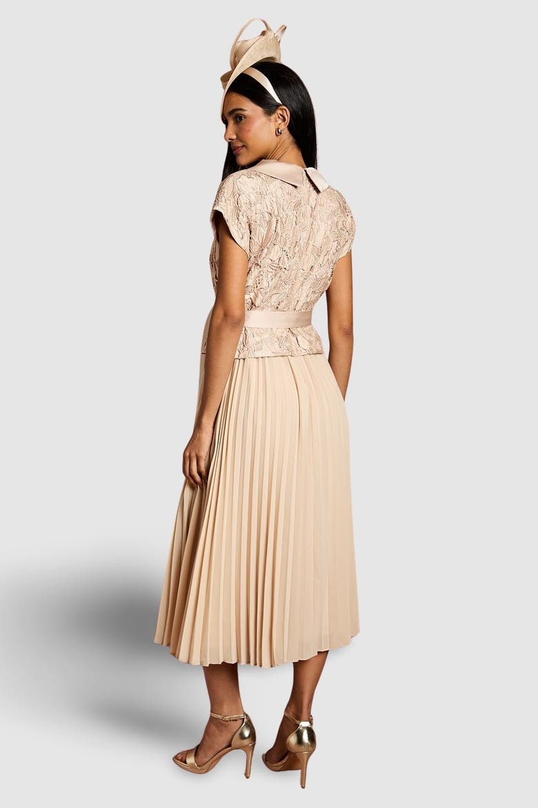 Lace Wrap Top Pleat Tux Midi Dress, Alternate, color, Champagne