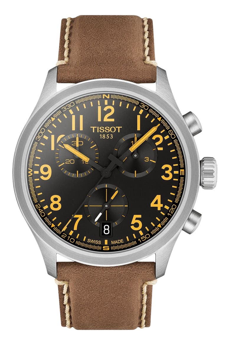 Chrono L Leather Strap Watch, 42mm, Main, color, BLACK