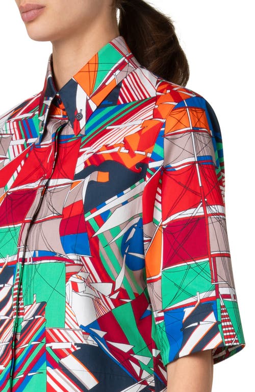 Akris Punto Sea Clipper Print Boxy Cotton Satin Blouse In Multicolor