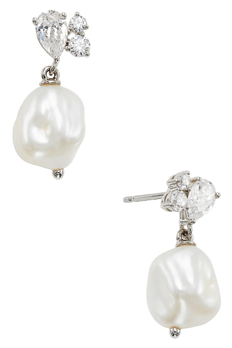 Chloe Cubic Zirconia & Cultured Pearl Drop Earrings, Main, color, RHODIUM