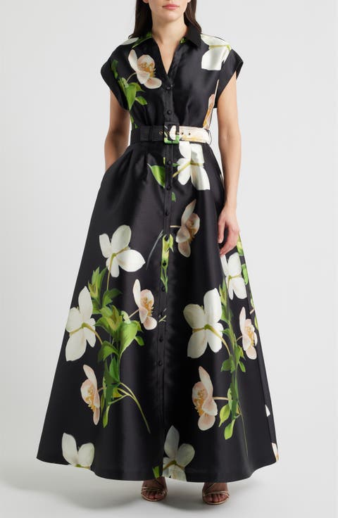 Belted Floral Mikado Shirtdress