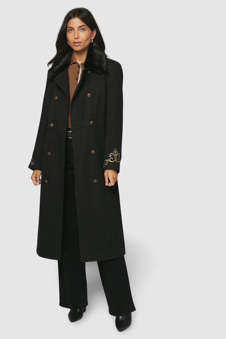 Faux Fur Military Coat, Alternate, color, Black