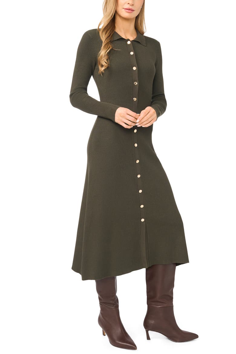 Ivy Johnny Collar Ribbed Sweater-Dress, Main, color, MIDNIGHT OLIVE
