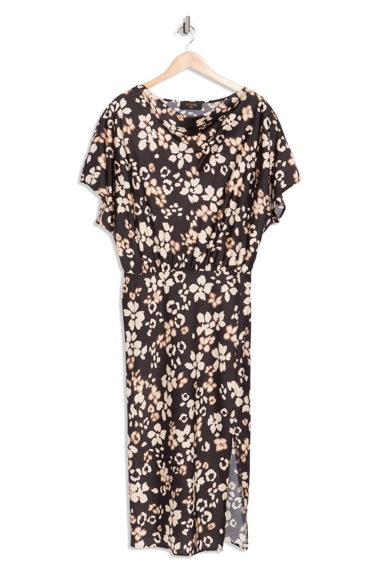 Floral Short Sleeve Satin Midi Dress, Alternate, color, BLACK