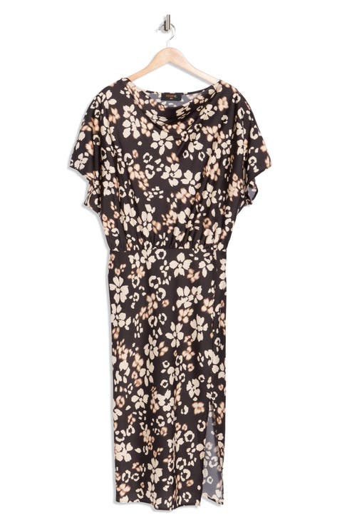 Floral Short Sleeve Satin Midi Dress (Plus)