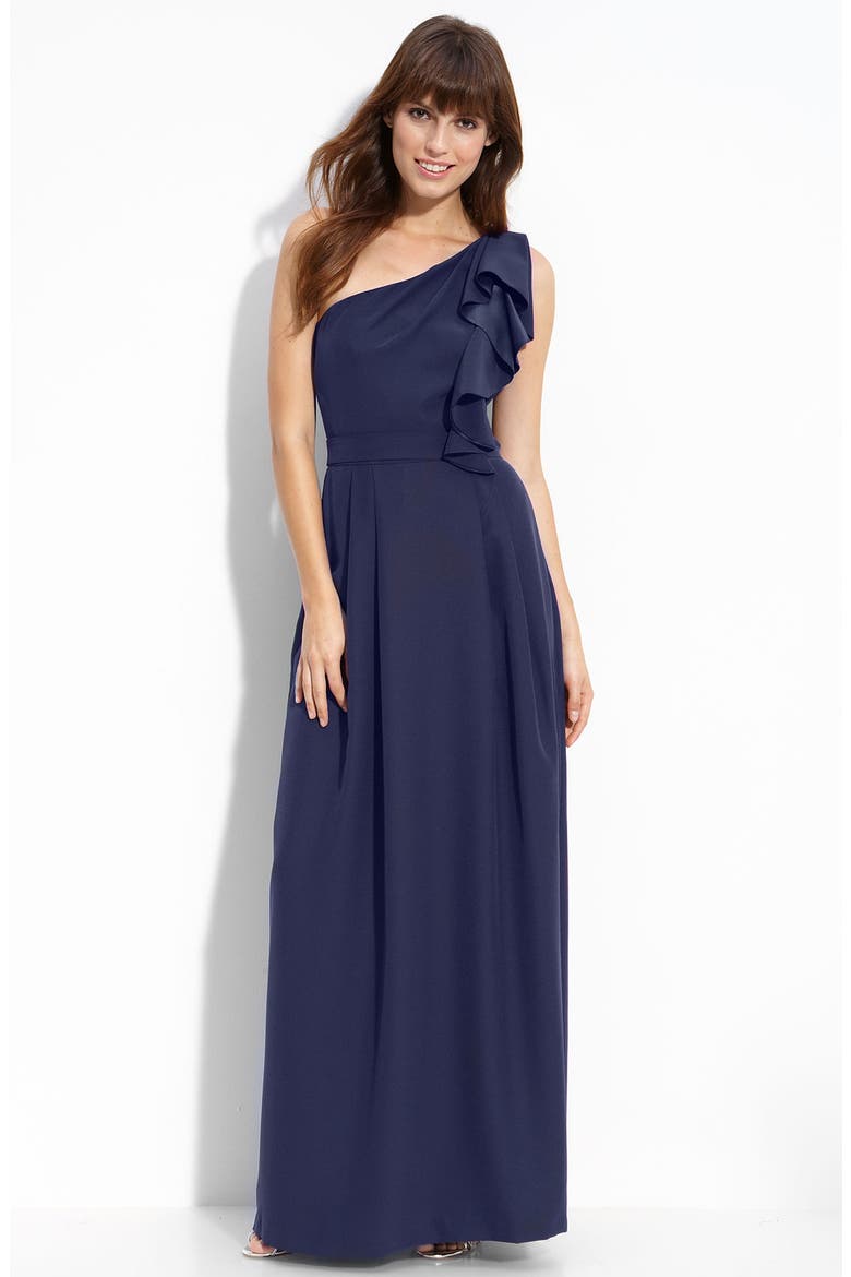Ruffled One Shoulder Matte Satin Gown, Main, color, MIDNIGHT