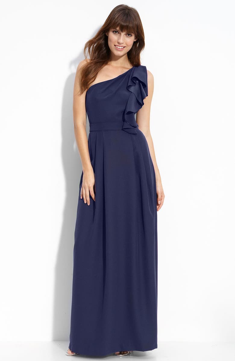Lela Rose Bridesmaid Ruffled One Shoulder Matte Satin Gown, Main, color,