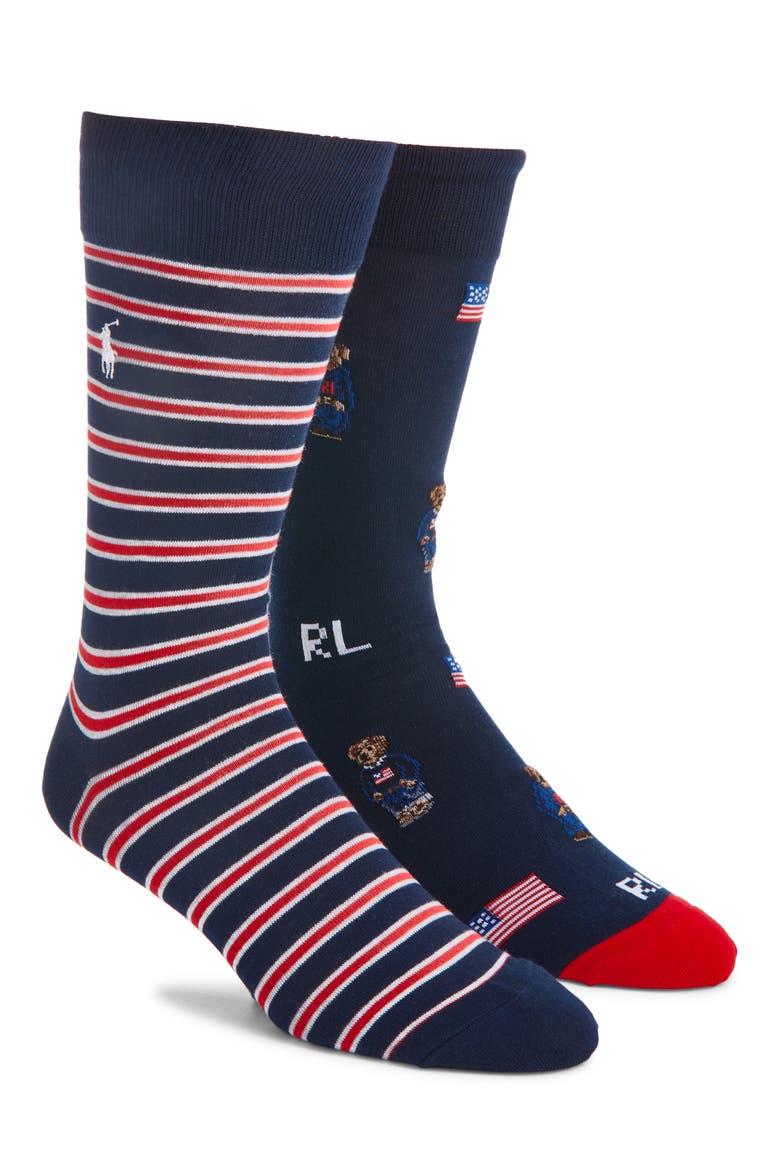 Assorted 2-Pack Americana Bear & Stripe Dress Socks, Main, color, BLUE ASSORTED