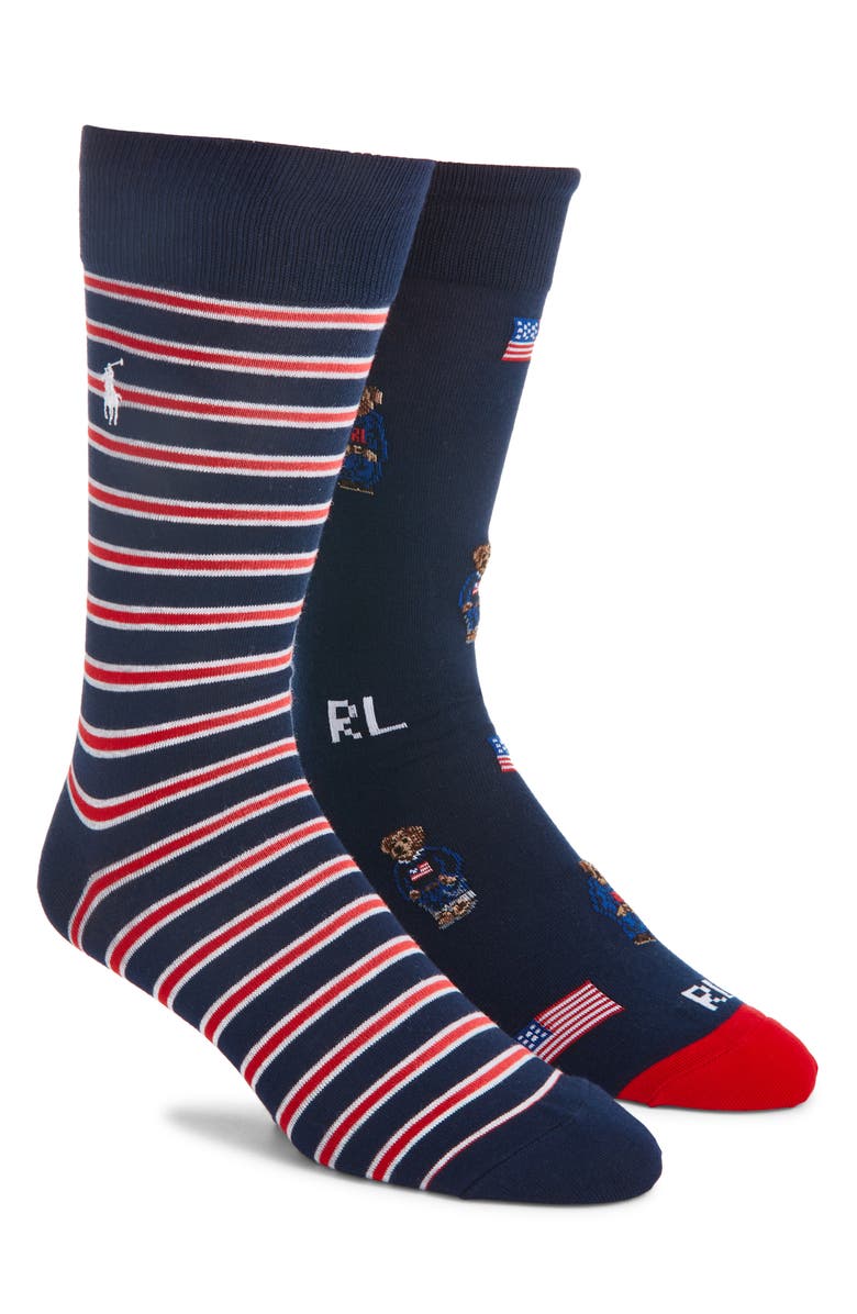 Polo Ralph Lauren Assorted 2-Pack Americana Bear & Stripe Dress Socks, Main, color, Blue Assorted