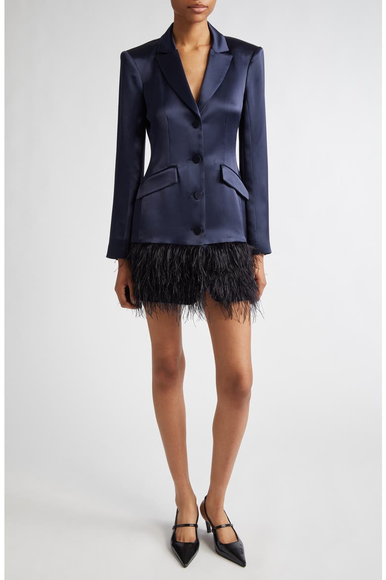 Joel Feather Hem Long Sleeve Satin Blazer Minidress, Main, color, NAVY