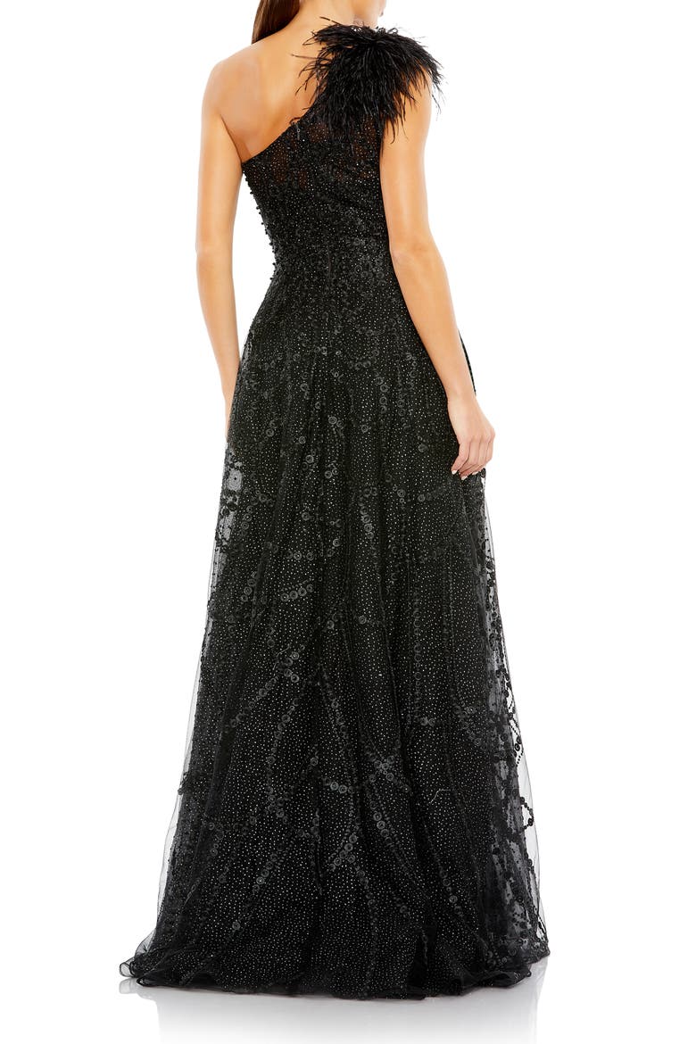 Embellished One-Shoulder A-Line Gown with Feather Accent, Alternate, color, BLACK