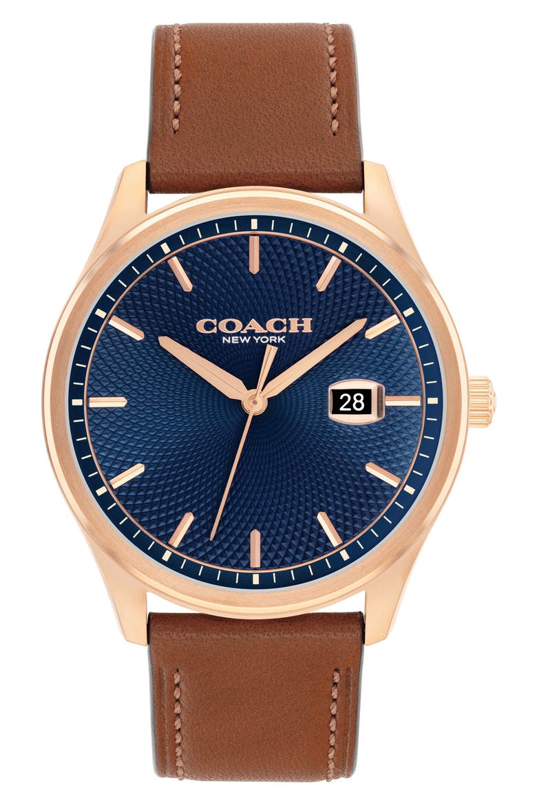 Oliver Leather Strap Watch, 41mm, Main, color, BLUE