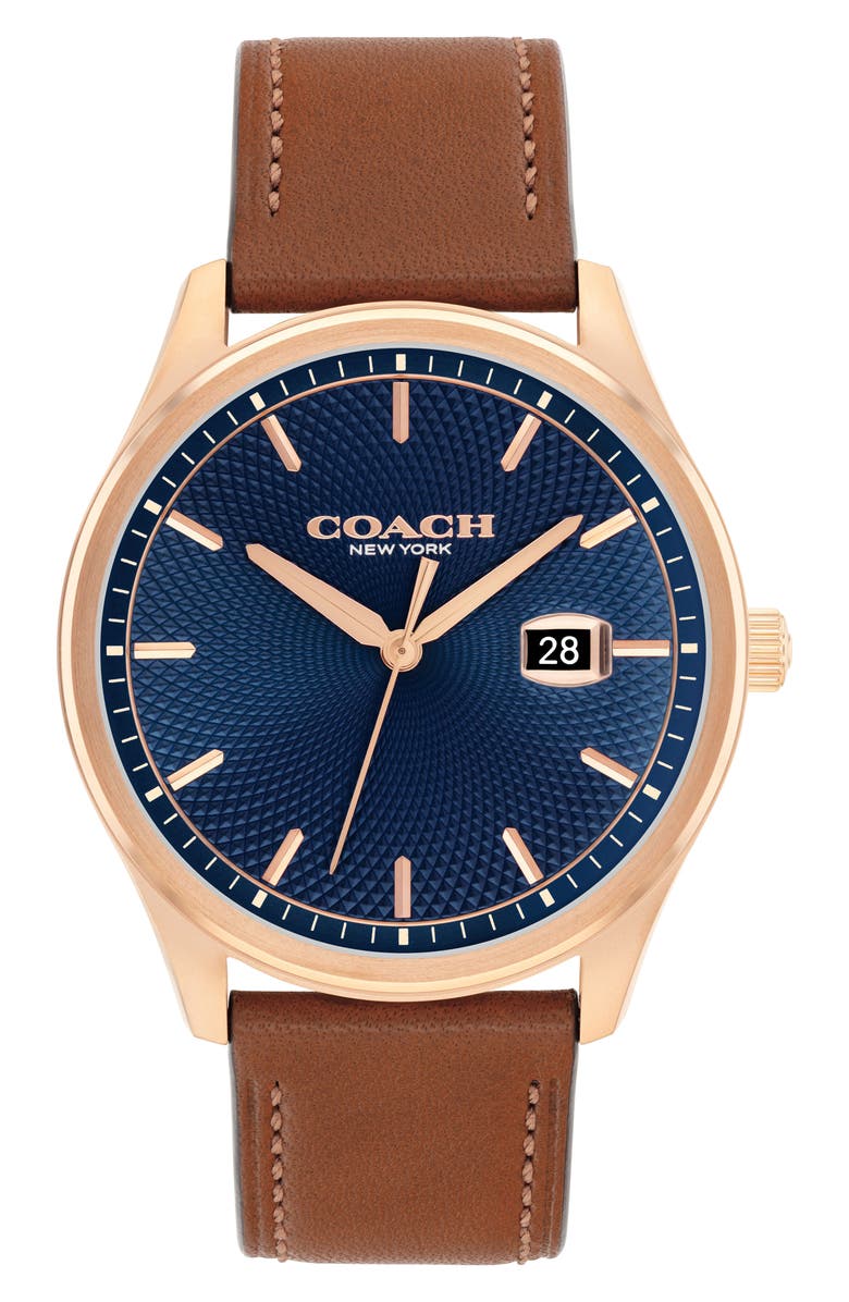 COACH Oliver Leather Strap Watch, 41mm, Main, color, Blue