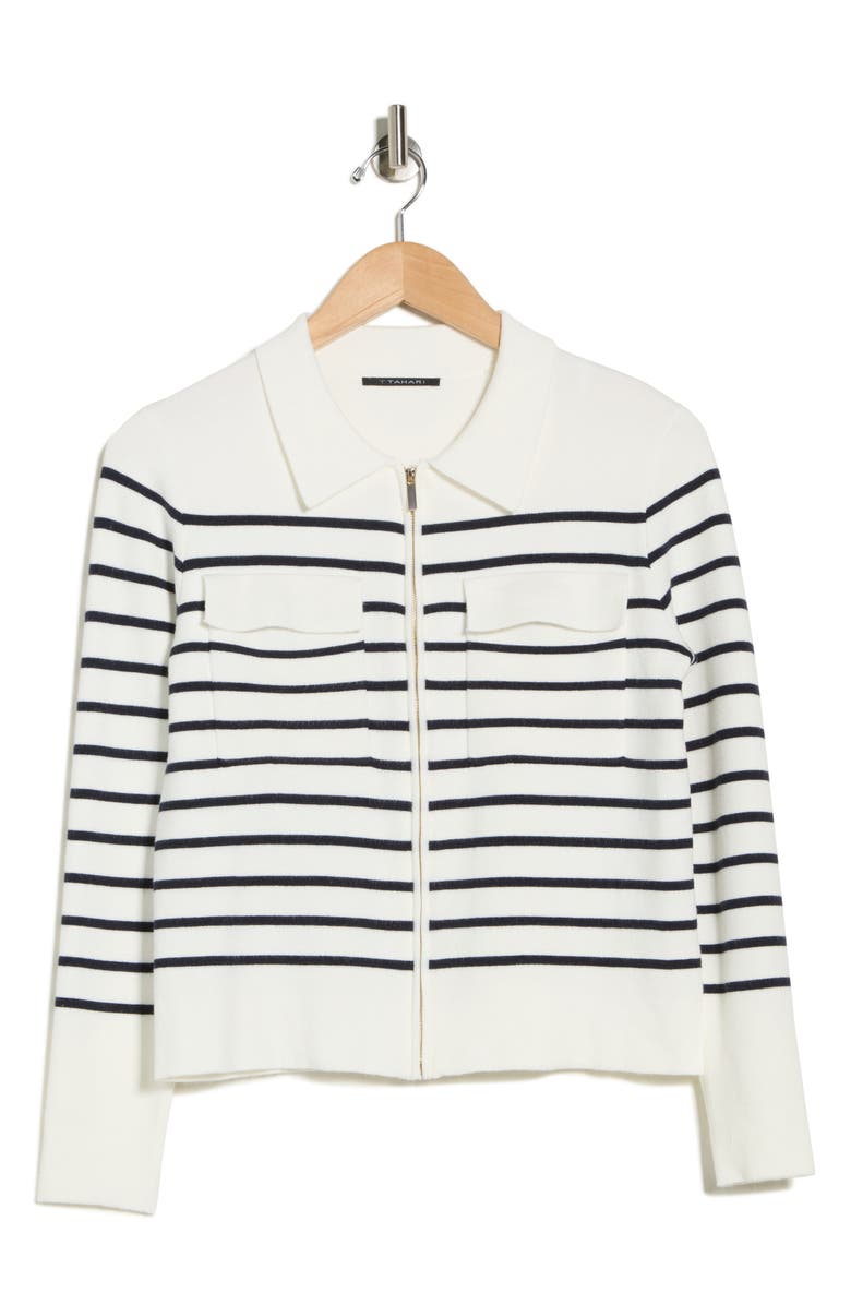 T Tahari Milano Stripe Crop Sweater Jacket, Alternate, color, White Star/ Navy Blue