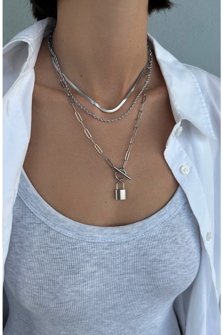 Padlock Layered Necklace, Alternate, color, SILVER