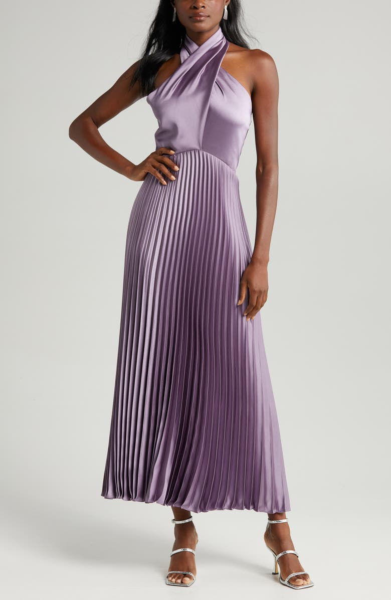 Amsale Pleat Halter Satin Gown, Alternate, color,