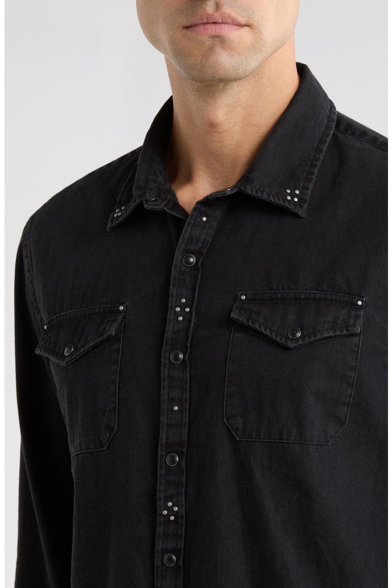 Marshall Studded Coated Cotton Denim Snap-Up Western Shirt, Alternate, color, BLACK