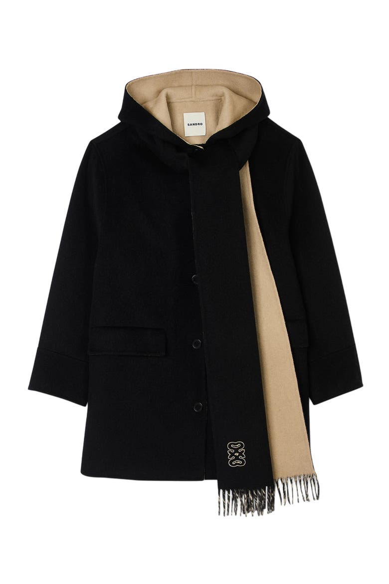 Wool coat with scarf, Alternate, color, Black