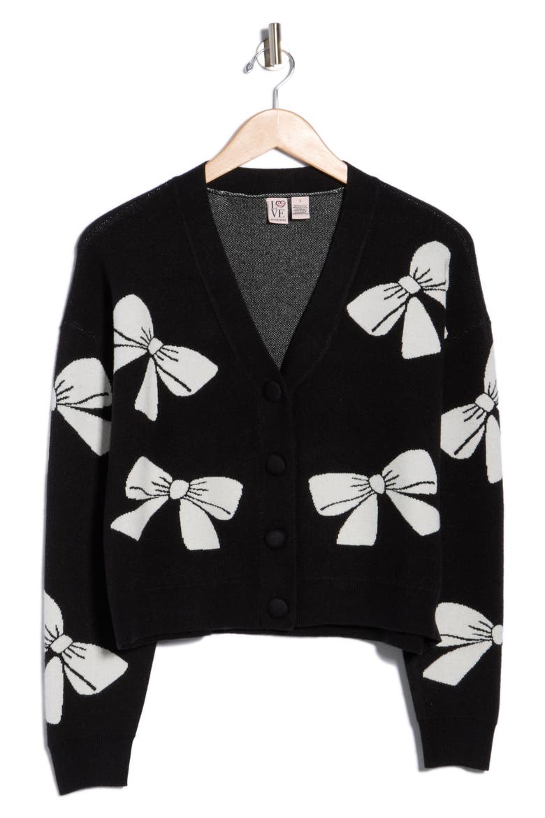 Frankie Bow V-Neck Cardigan, Alternate, color, EGRET-BLACK