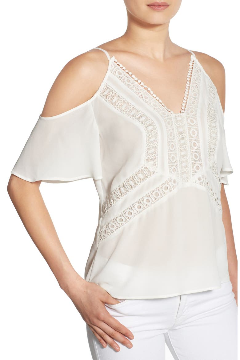 Cold Shoulder Flutter Sleeve Top, Alternate, color, WHITE SNOW