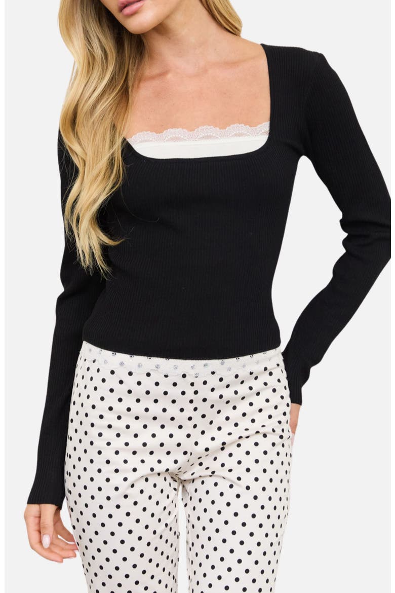Lace Trim Ribbed Square Neck Sweater, Main, color, BLACK