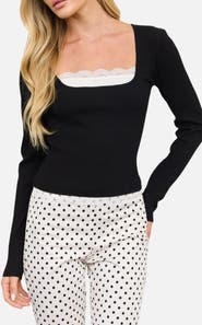 Blu Pepper Lace Trim Ribbed Square Neck Sweater