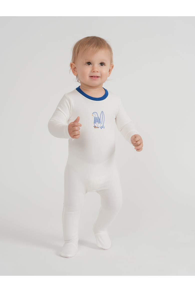 Surfing Sunday Penguin Cotton Spandex Covered Foot Romper, Main, color, Off White/Blue