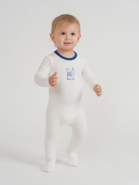 Surfing Sunday Penguin Cotton Spandex Covered Foot Romper