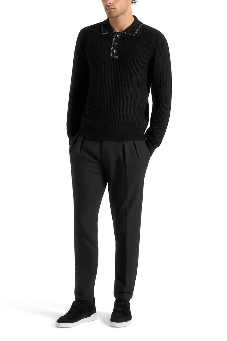 Aymeric Whipstitch Detail Long Sleeve Knit Polo Shirt, Main, color, Black