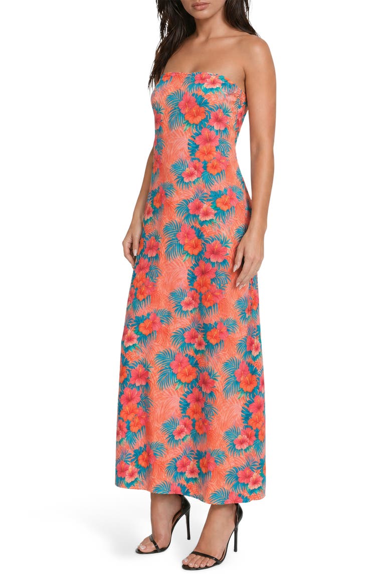 Strapless Printed Satin Maxi Dress, Alternate, color, BLUE PINK