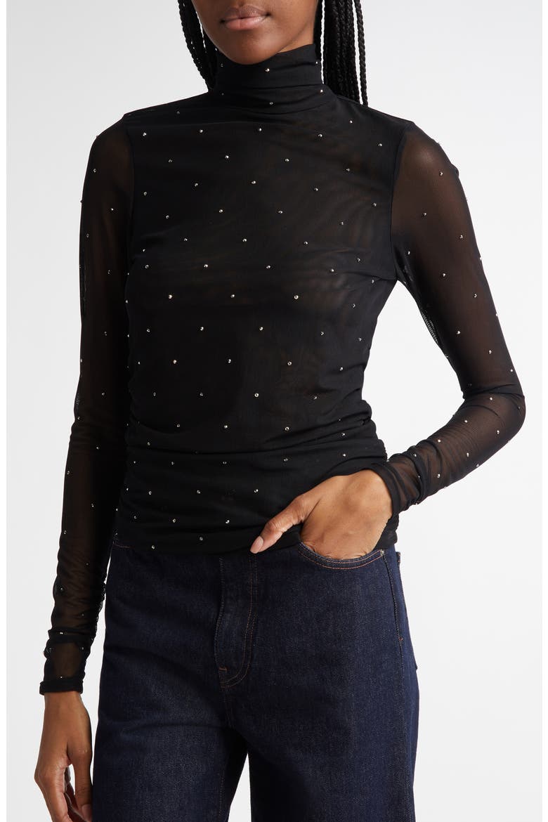 Embellished Mesh Turtleneck Top, Alternate, color, BLACK/ SILVER