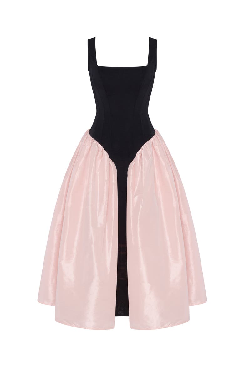 Corset Formal Occasion Midi Dress with Glossy Skirt in Black & Pink, Alternate, color, Black&Pink