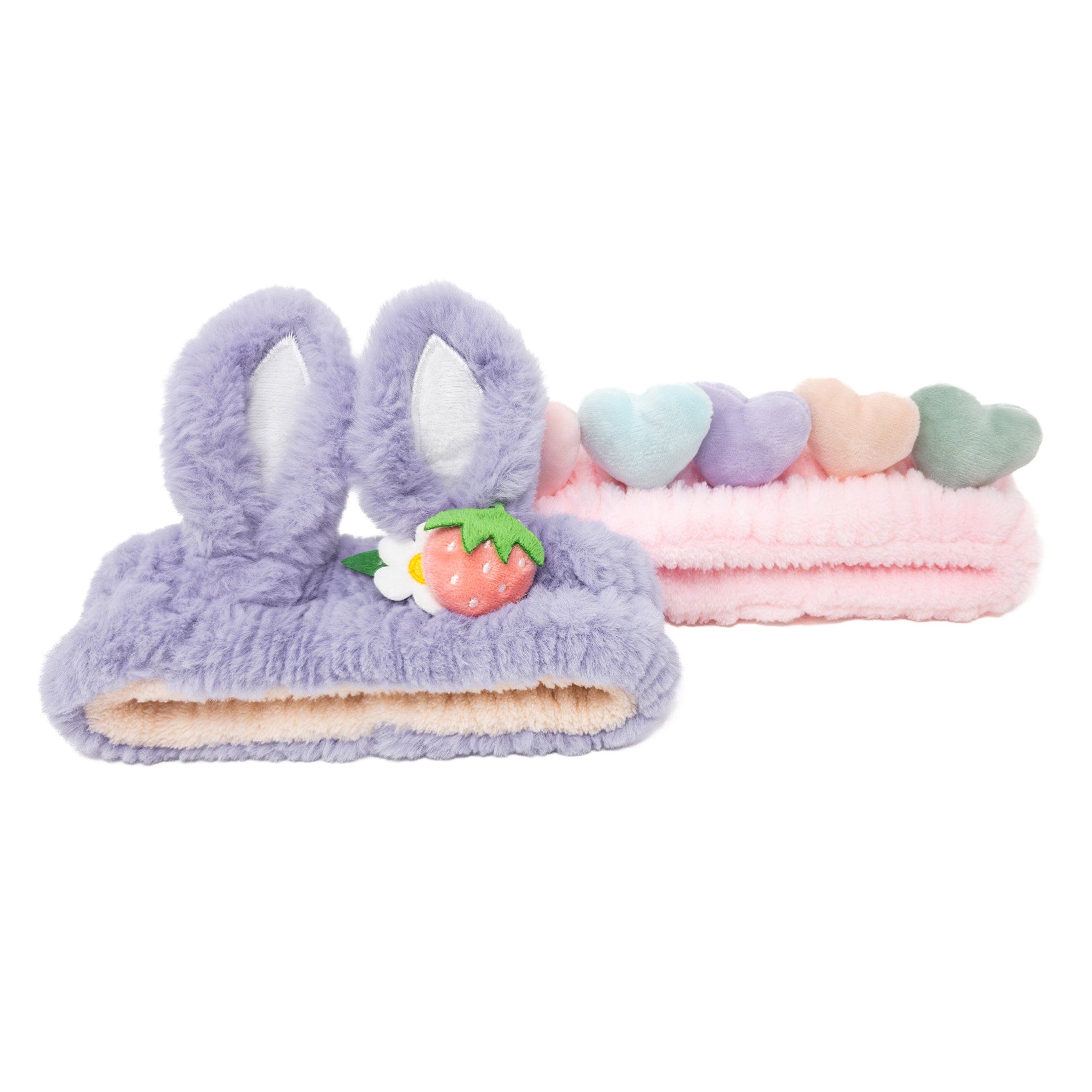 Puttisu 2pc Plush Spa Headband Set in Bunny Heart Set - Purple/pink 