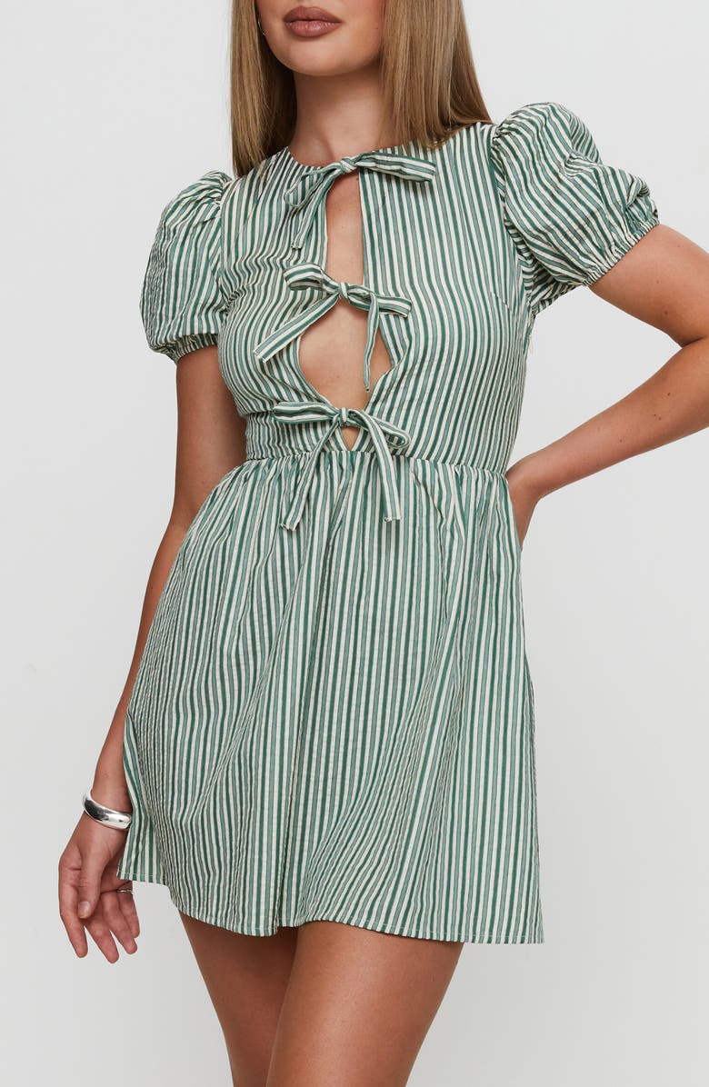 Princess Polly Nurture Tie Front Puff Sleeve Cotton Blend Minidress, Alternate, color, Green Stripe