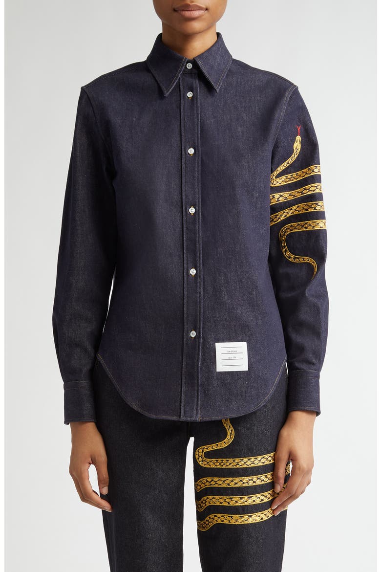 Lunar New Year Snake 4-Bar Denim Button-Up Shirt, Main, color, BLUE