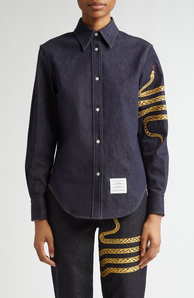 Thom Browne Lunar New Year Snake 4-Bar Denim Button-Up Shirt, Main, color,