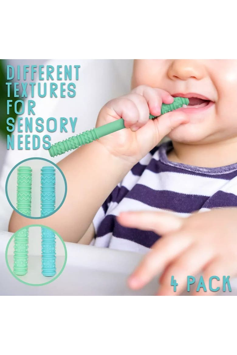 Soft Silicone Hollow Teething Tubes  4 Piece Set with Cleaning Brushes, Alternate, color, Green & Blue