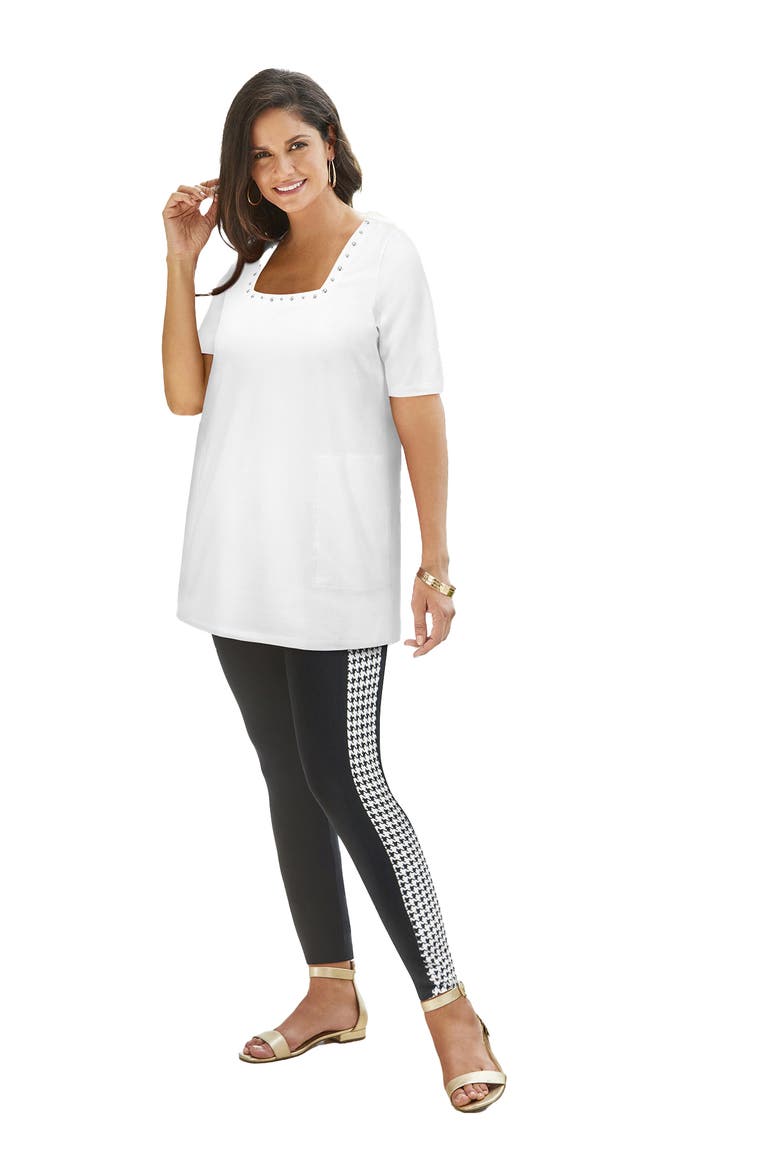 Stretch Cotton Studded Square Neck Tunic, Main, color, WHITE SILVER STUD