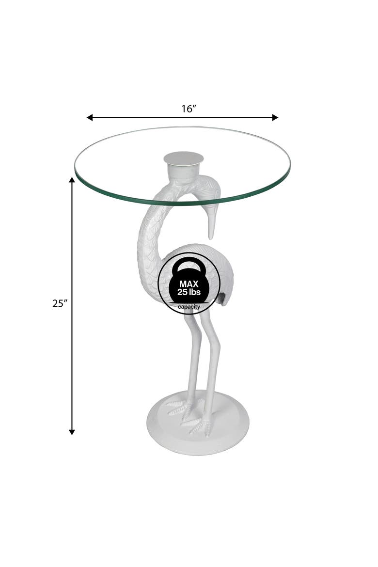 Blanche Coastal Flamingo Accent End Table, Round Glass Top Iron Base, Whimsical Side Table for Living Room, Alternate, color, White/Clear