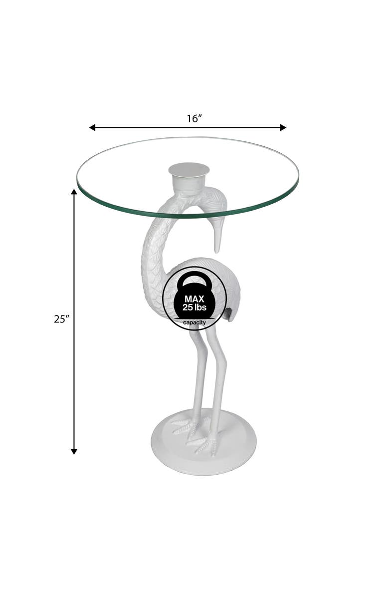 JONATHAN Y Blanche Coastal Flamingo Accent End Table, Round Glass Top Iron Base, Whimsical Side Table for Living Room, Alternate, color, White/Clear