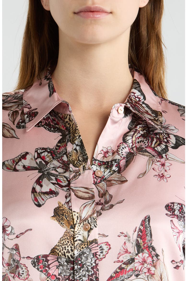 Dani Butterfly Print Three-Quarter Sleeve Silk Button-Up Shirt, Alternate, color, LIGHT NECTAR PINK BUTTERFLY