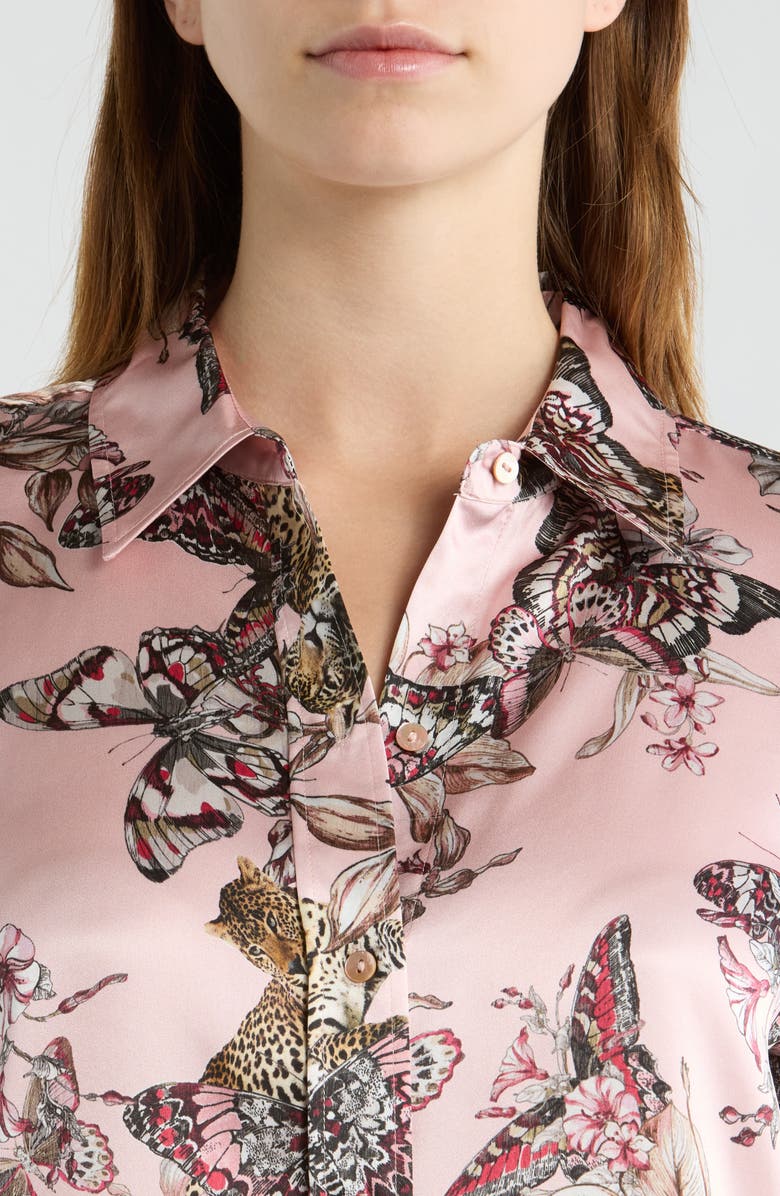 L'AGENCE Dani Butterfly Print Three-Quarter Sleeve Silk Button-Up Shirt, Alternate, color, Light Nectar Pink Butterfly